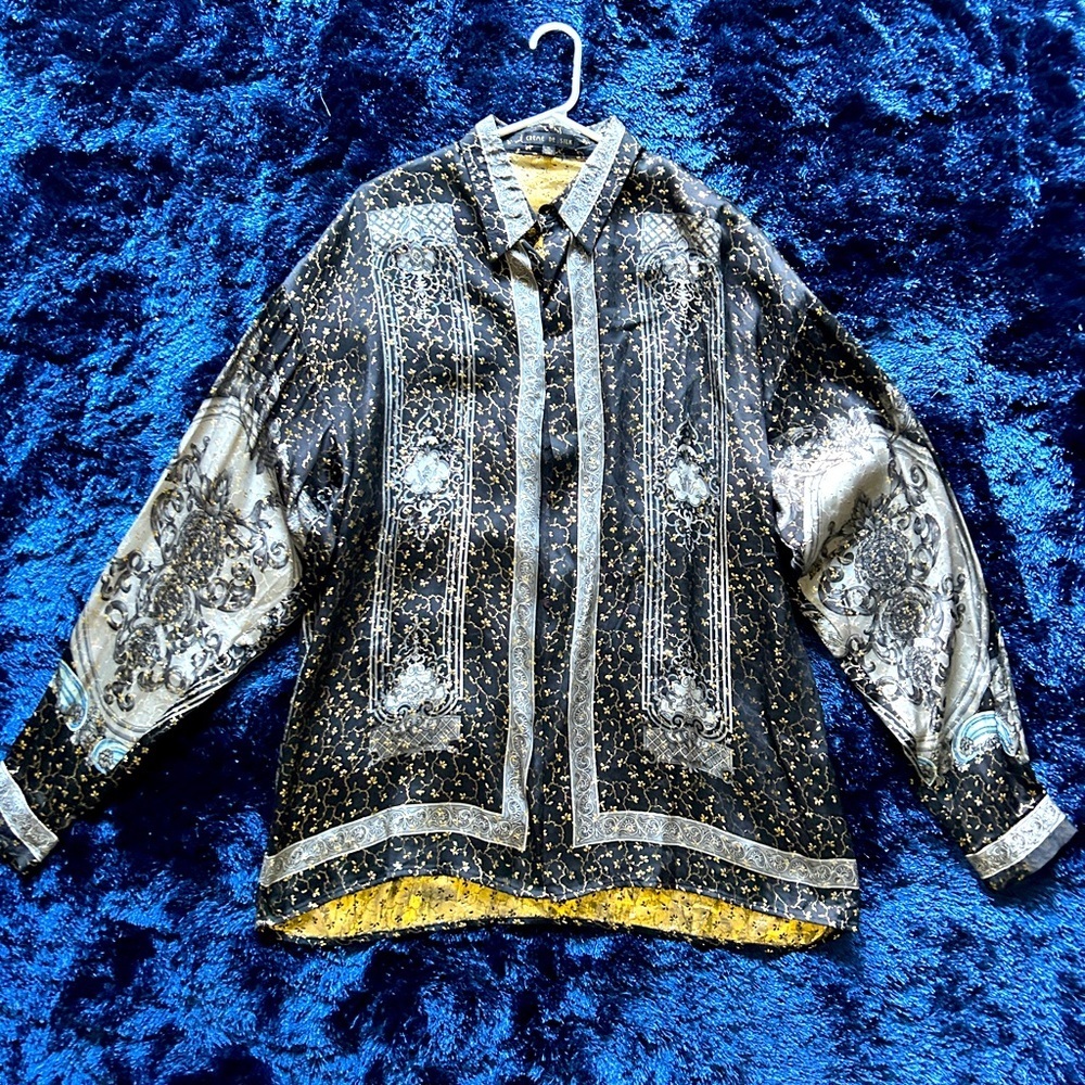 Crème de Silk Gold & Black button down shirt, XL, 100% silk dress shirt unisex